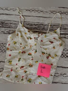 White Fruit-Print Satin Tank Top with Spaghetti Straps